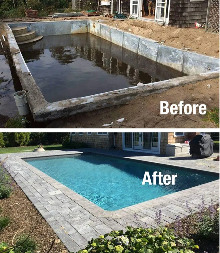 Before-and-after collage of a backyard pool renovation: top shows a worn, empty pool; bottom shows a finished, blue-tiled pool with stone coping.